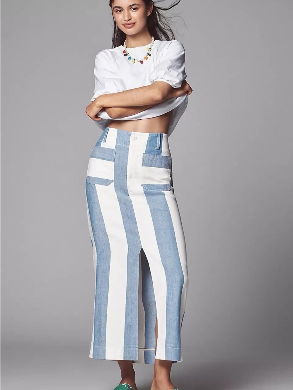 Striped Blue & White High-Waist Midi Skirt